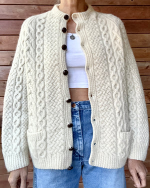 Vintage BLARNEY Woollen Mills Handknit Cream Fisherman Cable Cardigan Sweater Pure Wool M L Made in Ireland