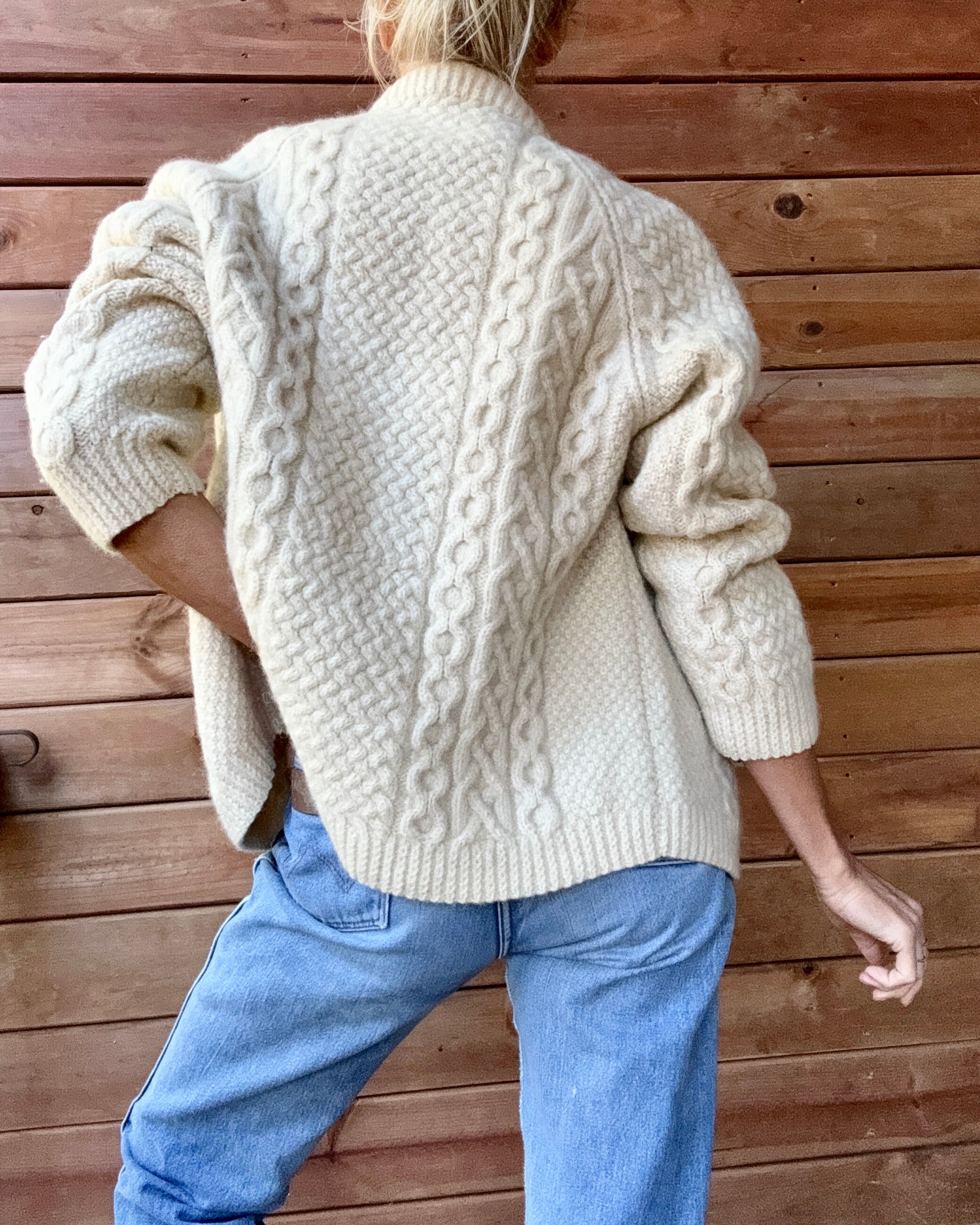 Vintage BLARNEY Woollen Mills Handknit Cream Fisherman Cable Cardigan Sweater Pure Wool M L Made in Ireland