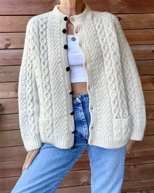 Vintage BLARNEY Woollen Mills Handknit Cream Fisherman Cable Cardigan Sweater Pure Wool M L Made in Ireland