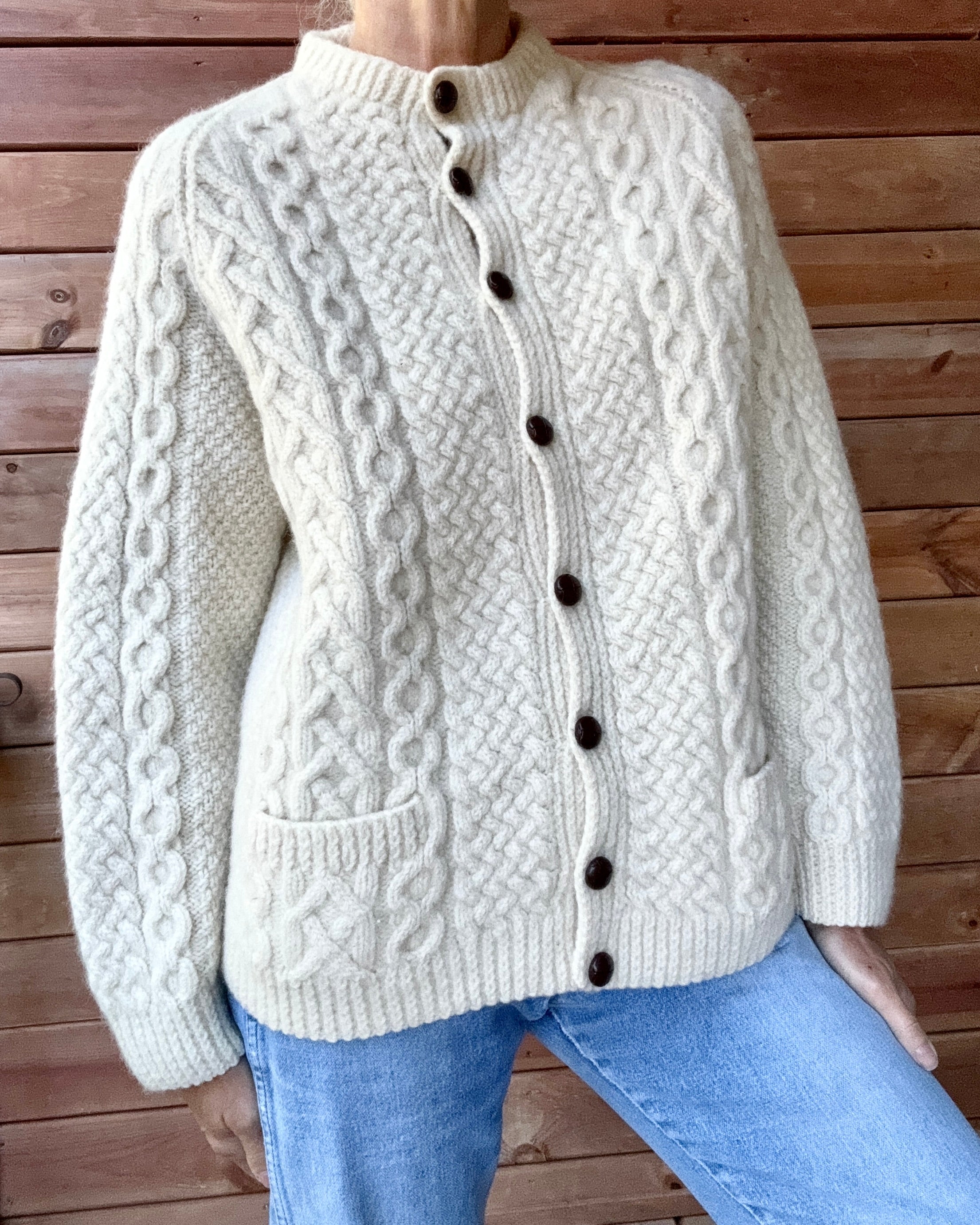 Vintage BLARNEY Woollen Mills Handknit Cream Fisherman Cable Cardigan Sweater Pure Wool M L Made in Ireland