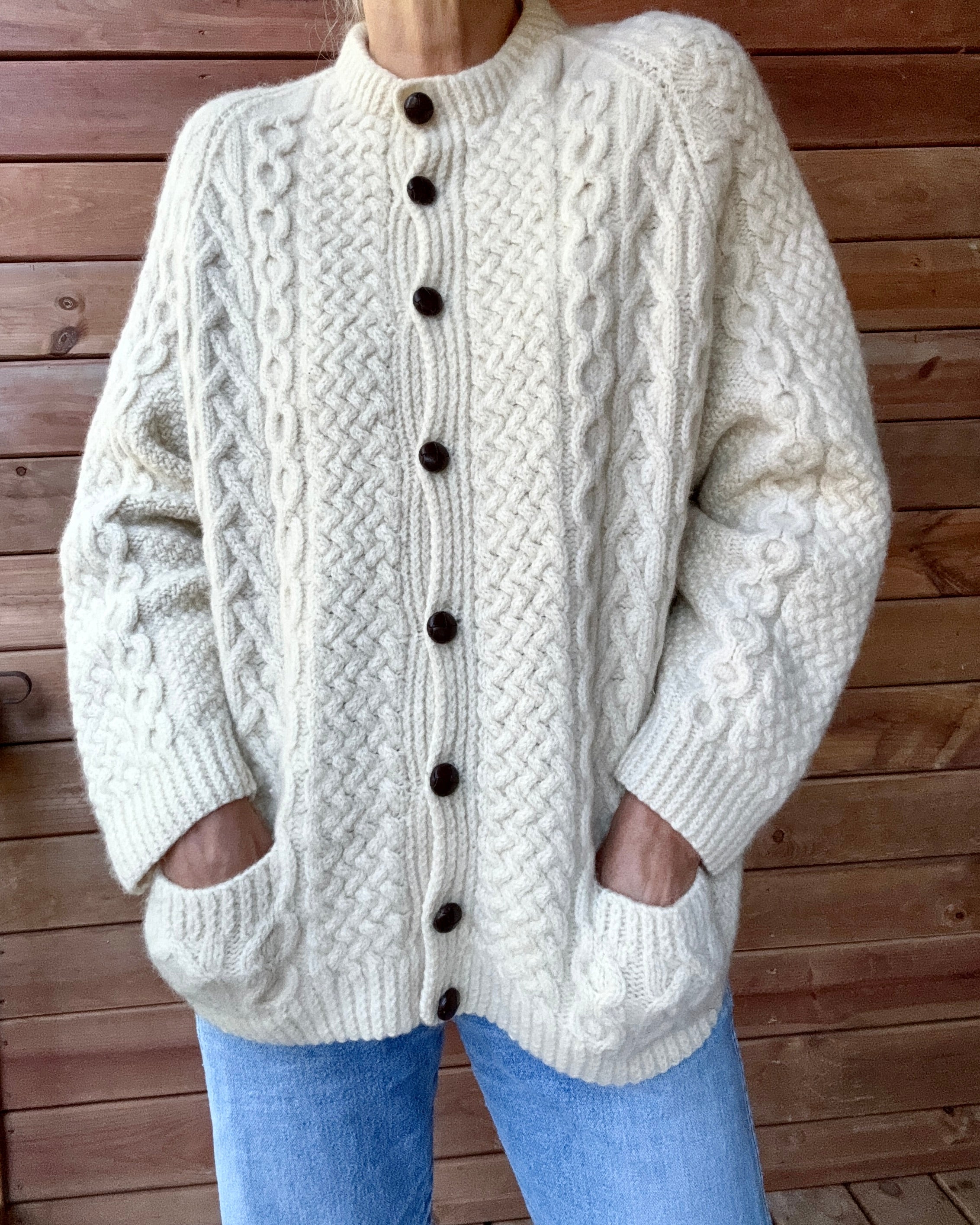 Vintage BLARNEY Woollen Mills Handknit Cream Fisherman Cable Cardigan Sweater Pure Wool M L Made in Ireland