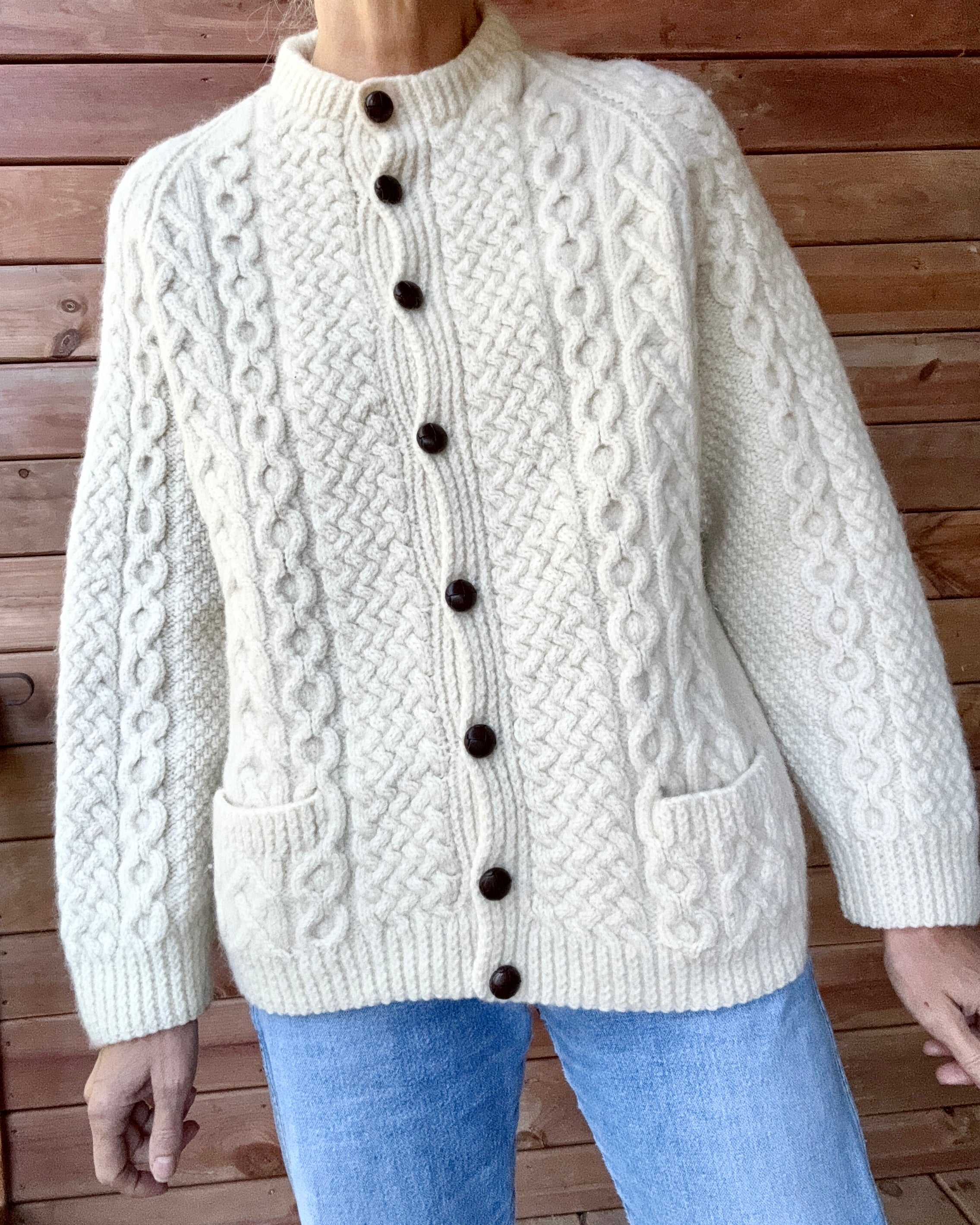 Vintage BLARNEY Woollen Mills Handknit Cream Fisherman Cable Cardigan Sweater Pure Wool M L Made in Ireland