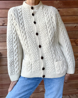 Vintage BLARNEY Woollen Mills Handknit Cream Fisherman Cable Cardigan Sweater Pure Wool M L Made in Ireland