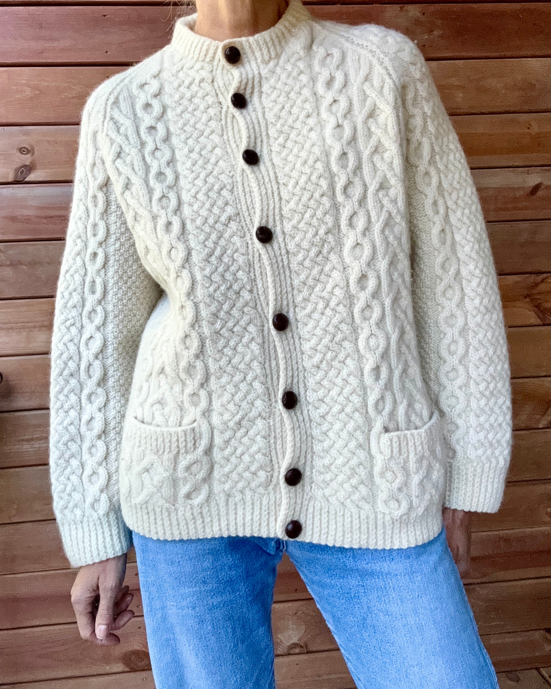 Vintage BLARNEY Woollen Mills Handknit Cream Fisherman Cable Cardigan Sweater Pure Wool M L Made in Ireland