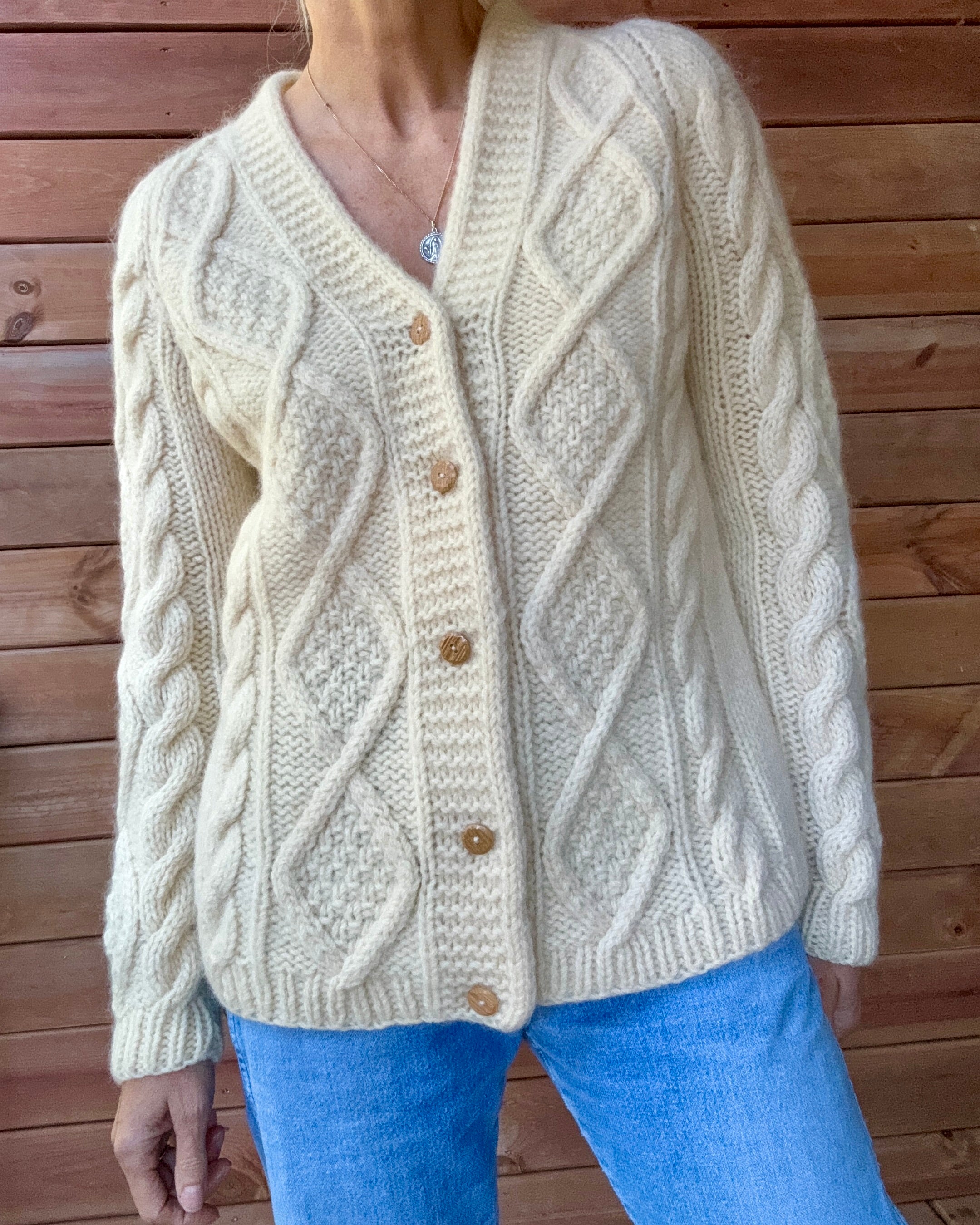 Vintage Handknit Cream Fisherman Diamond Cable Cardigan Sweater Pure Wool SM M