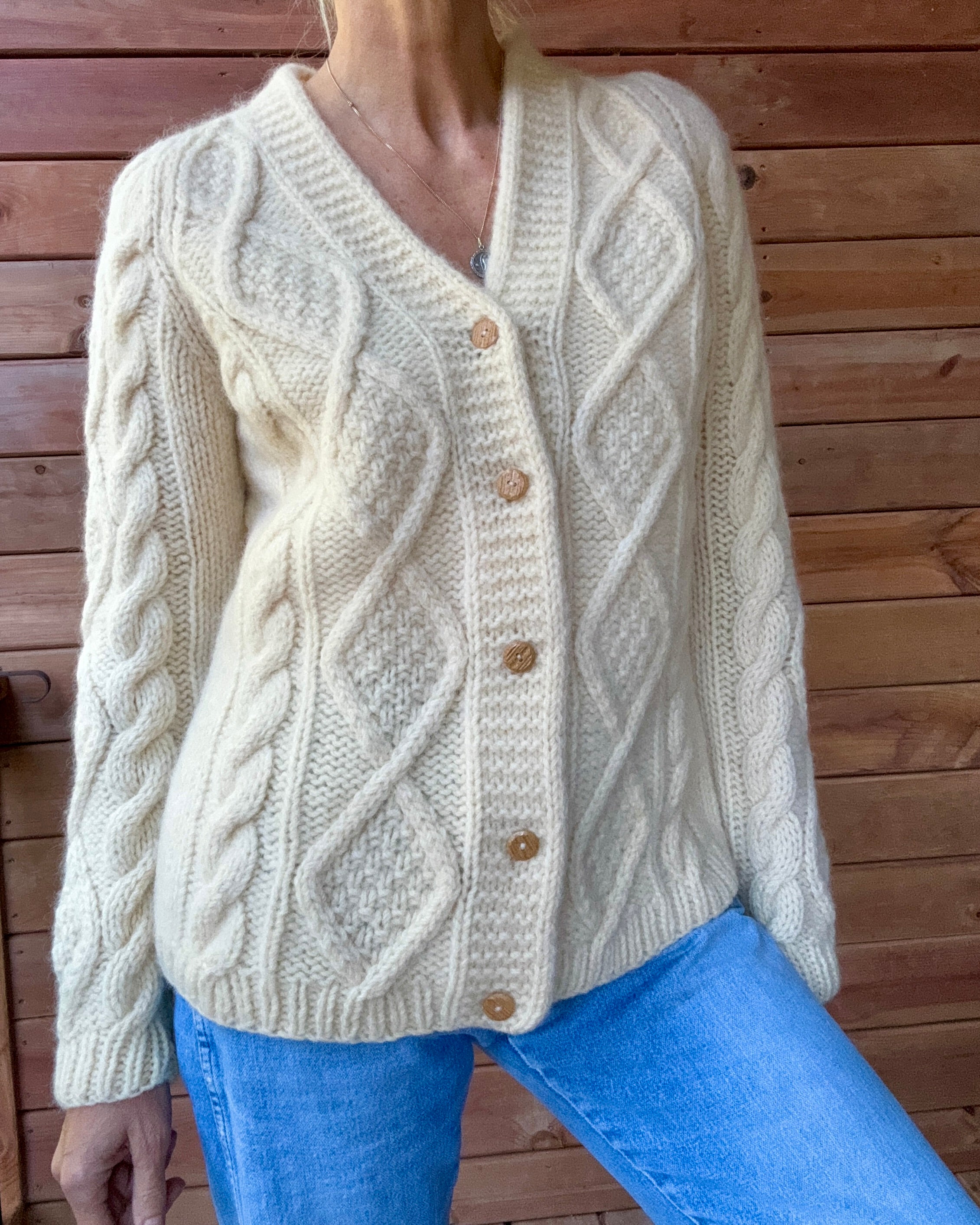 Vintage Handknit Cream Fisherman Diamond Cable Cardigan Sweater Pure Wool SM M