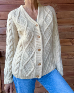 Vintage Handknit Cream Fisherman Diamond Cable Cardigan Sweater Pure Wool SM M