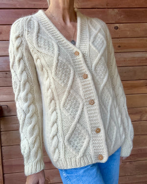 Vintage Handknit Cream Fisherman Diamond Cable Cardigan Sweater Pure Wool SM M