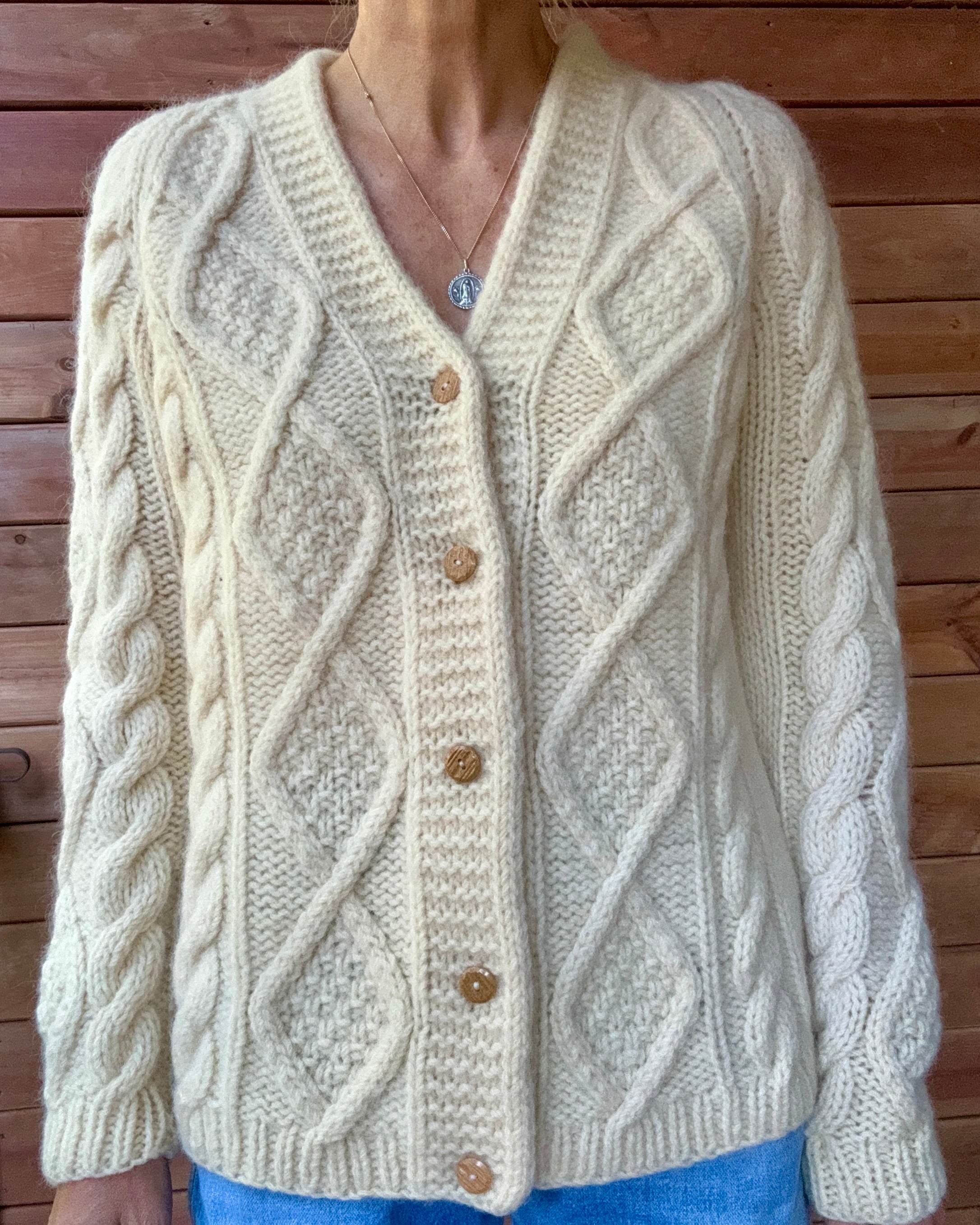 Vintage Handknit Cream Fisherman Diamond Cable Cardigan Sweater Pure Wool SM M