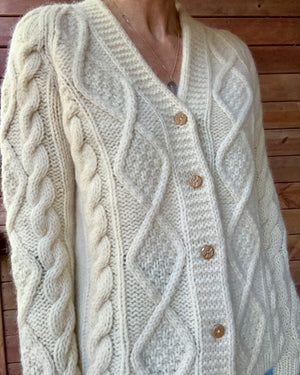 Vintage Handknit Cream Fisherman Diamond Cable Cardigan Sweater Pure Wool SM M