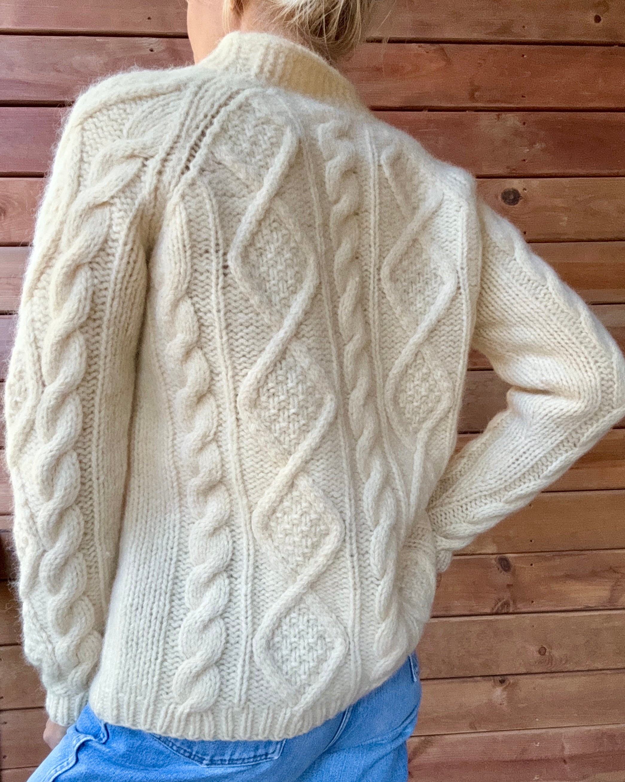 Vintage Handknit Cream Fisherman Diamond Cable Cardigan Sweater Pure Wool SM M