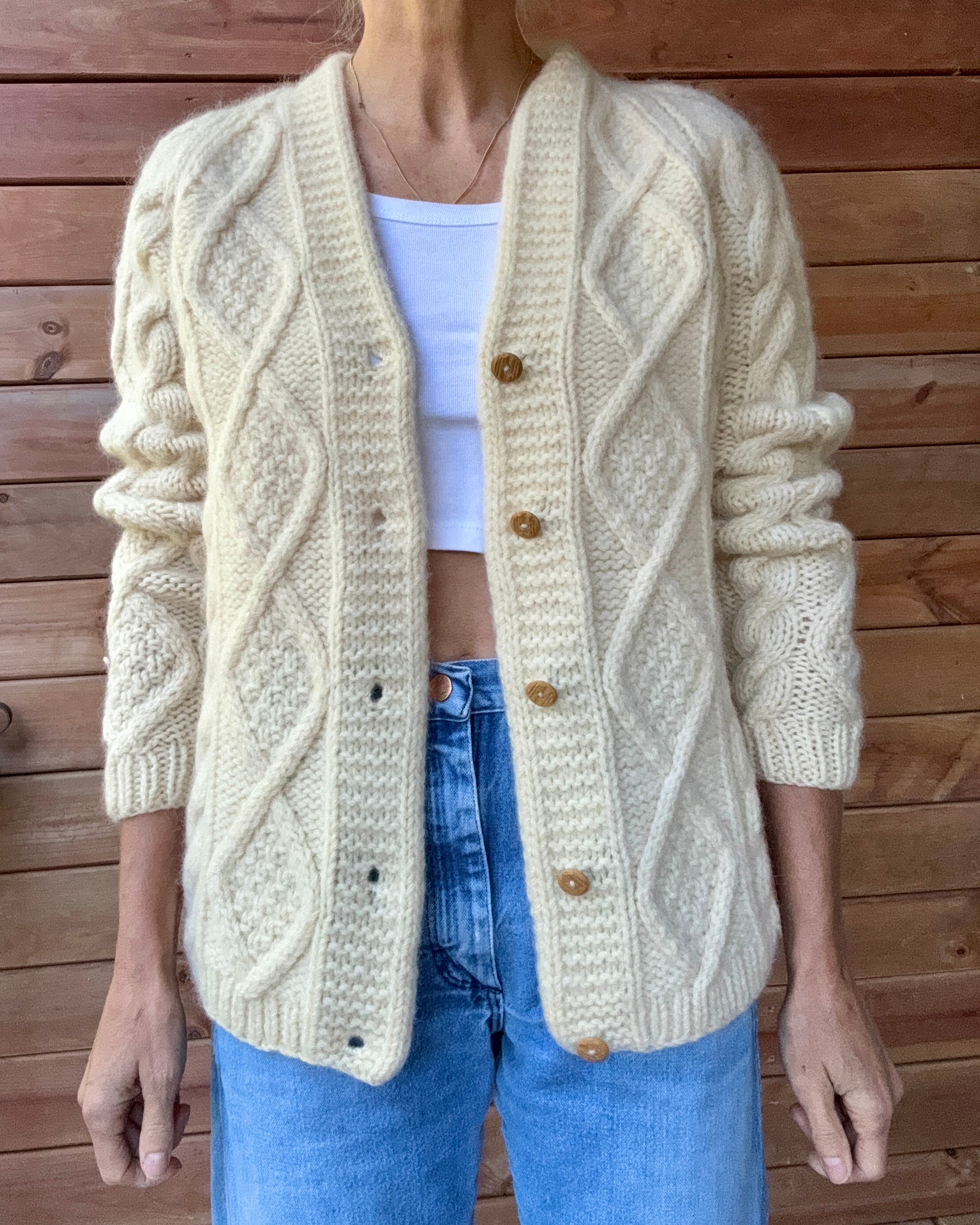 Vintage Handknit Cream Fisherman Diamond Cable Cardigan Sweater Pure Wool SM M