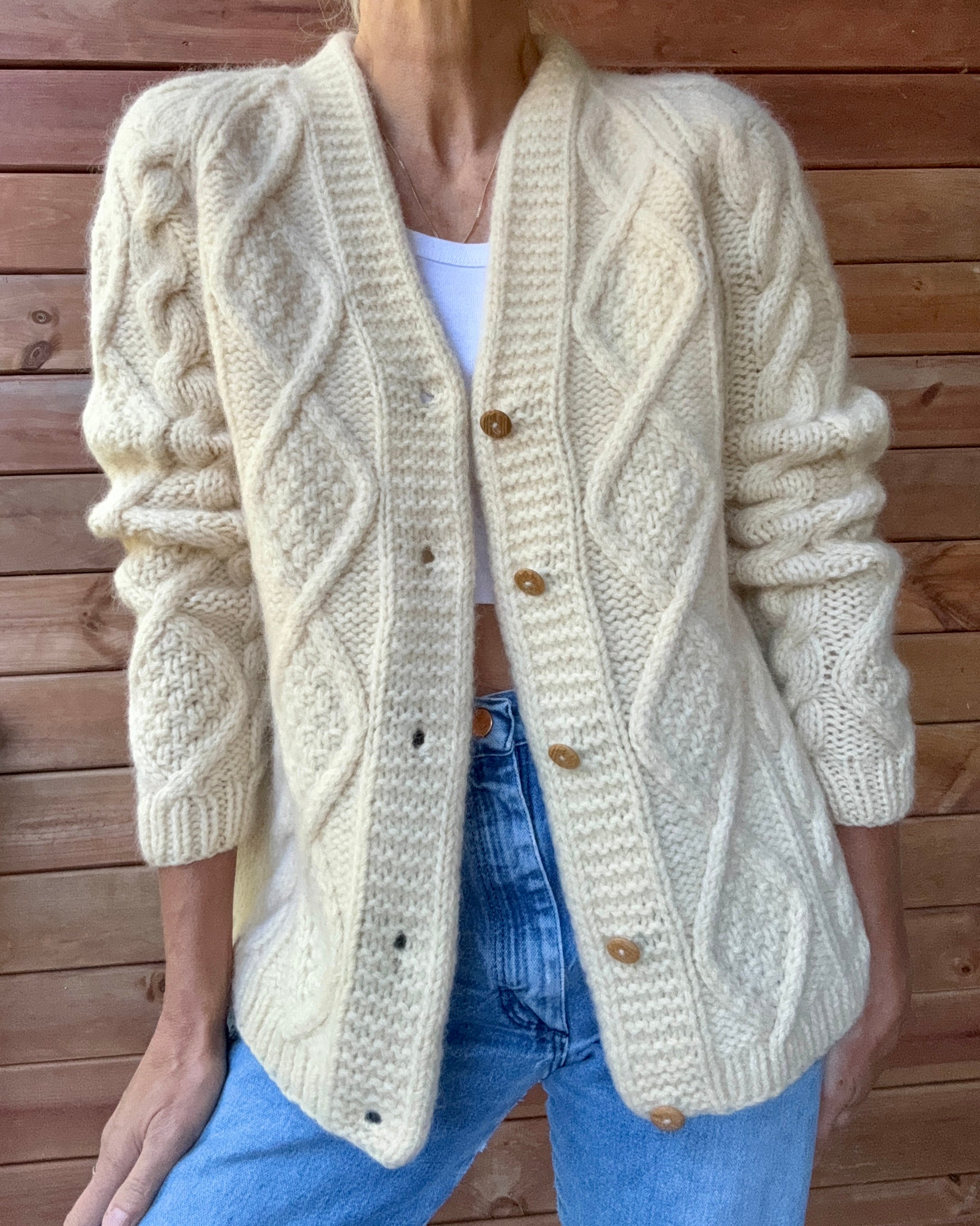 Vintage Handknit Cream Fisherman Diamond Cable Cardigan Sweater Pure Wool SM M