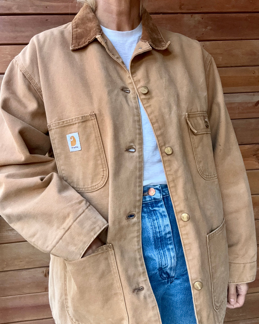 Vintage 1990s CARHARTT Chore Work Jacket in Tan Duck Canvas With Corduroy Collar and Quilted Red Lining Made in USA