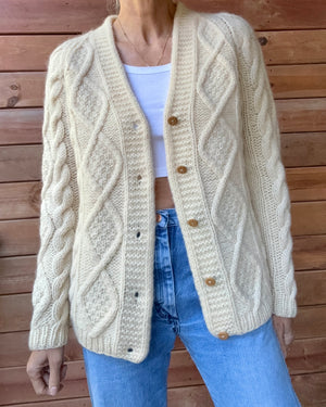 Vintage Handknit Cream Fisherman Diamond Cable Cardigan Sweater Pure Wool SM M