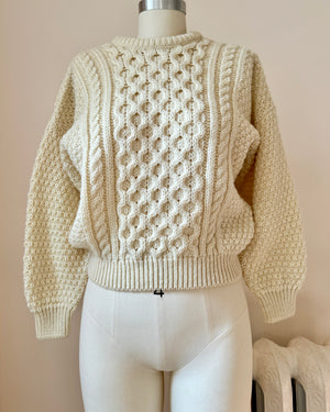 Vintage BLARNEY Handknit Cream Fisherman Cable Sweater Made in Ireland New Condition XS