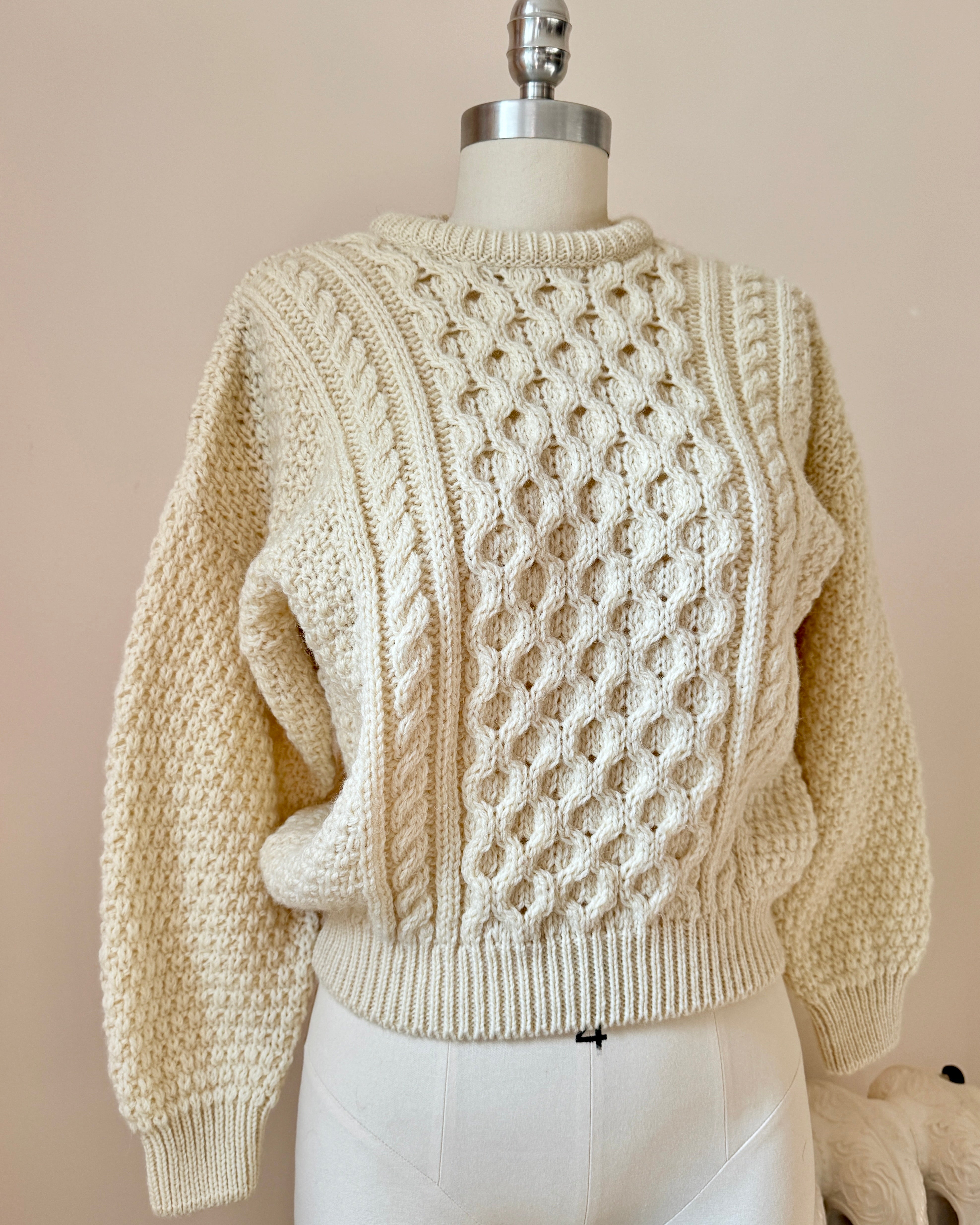 Vintage BLARNEY Handknit Cream Fisherman Cable Sweater Made in Ireland New Condition XS