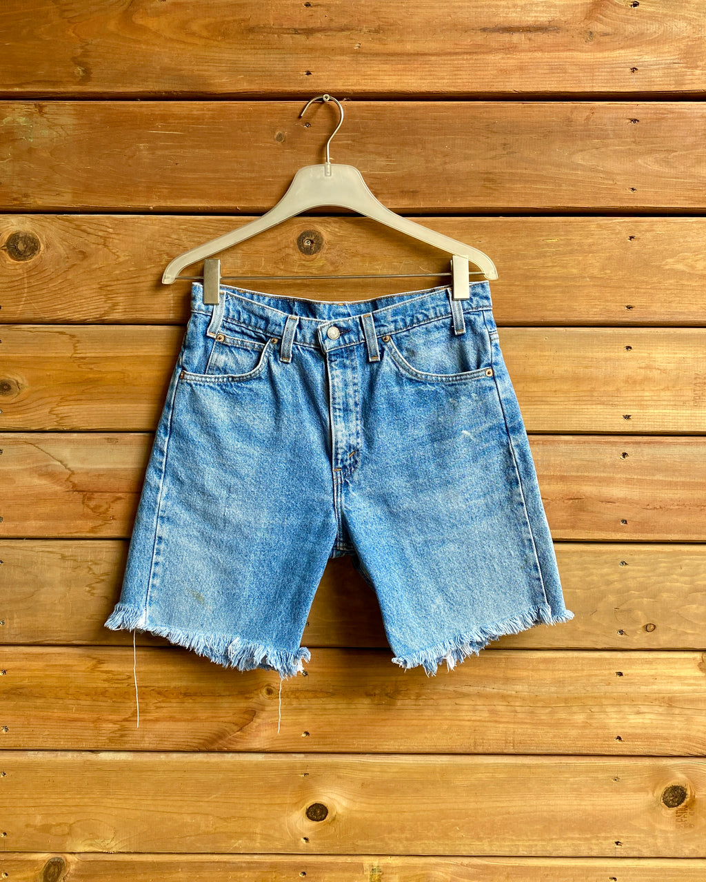 Vintage 1980s Orange Tab Levis 505 light Wash Bermuda Denim Cutoff Jean Shorts 30 Made in USA