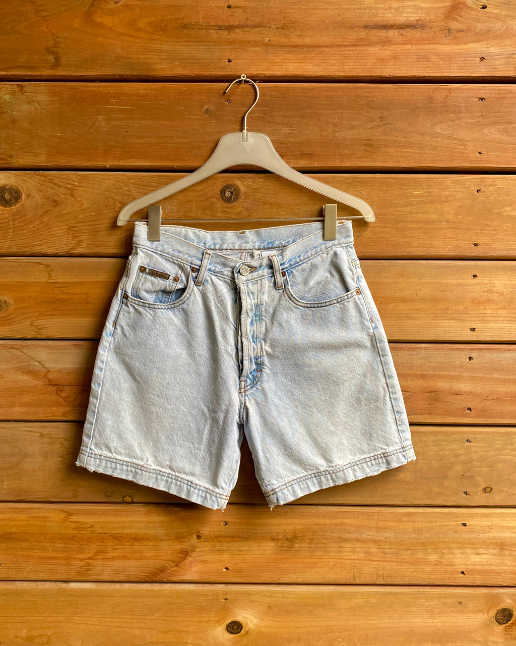 Vintage 1990s CALVIN KLEIN Hemmed Light Wash Jean Shorts with Button Fly Size 28 Made in USA