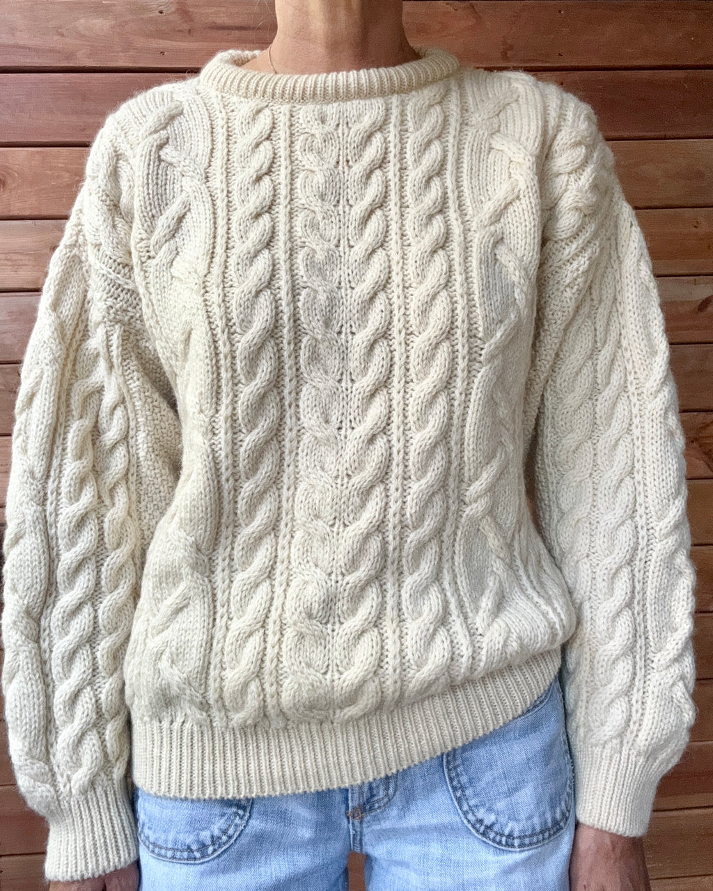 Vintage BLARNEY Handknit Cream Cable Fisherman Sweater M Made in Ireland