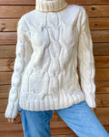 Vintage Y2K Handknit Chunky Merino Wool Cream Horseshoe Cable Fisherman Turtleneck Sweater M L