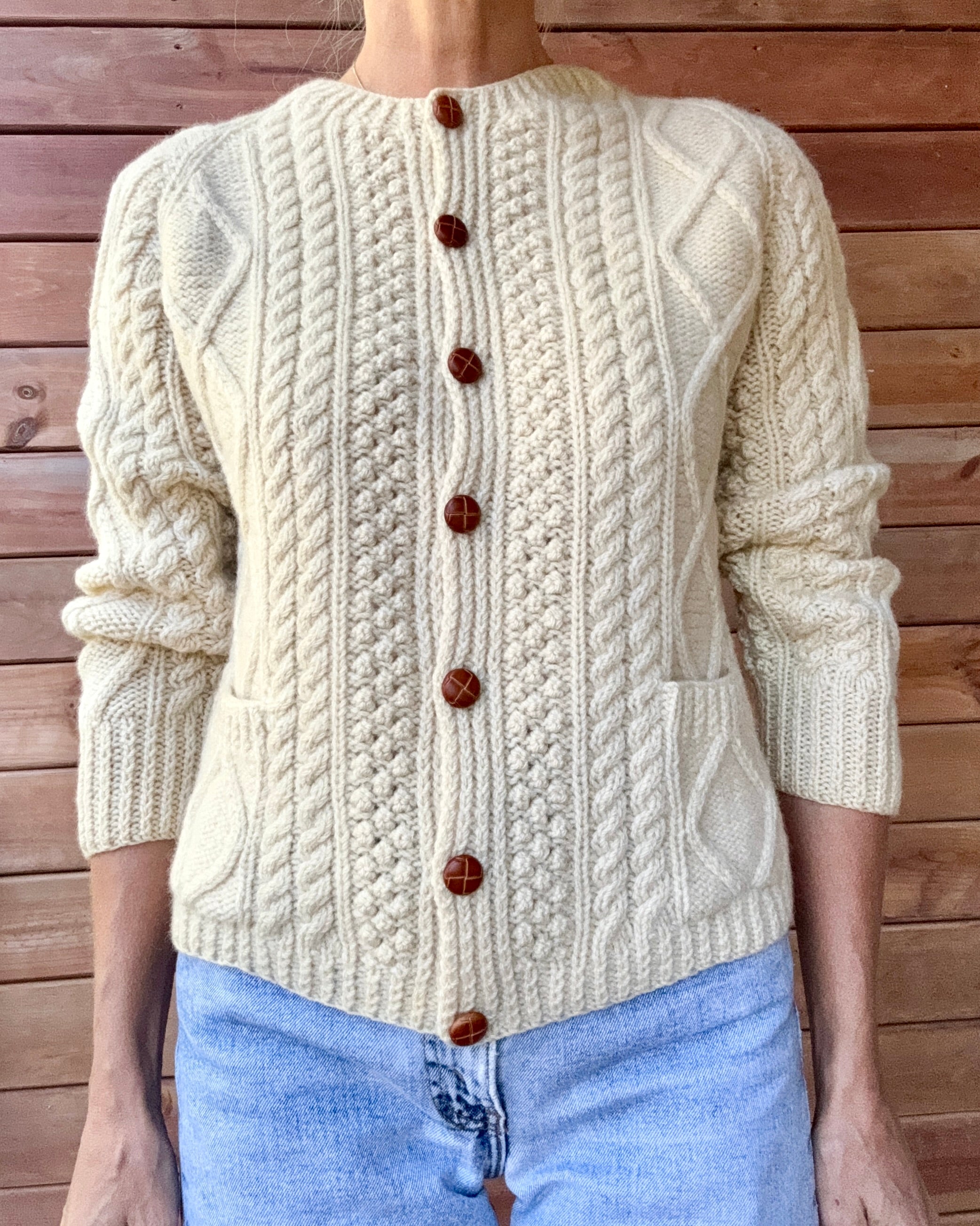 Vintage KENNEDY of Ardara Handknit Cream Fisherman Cable Cardigan Sweater Pure Wool S Made in Ireland