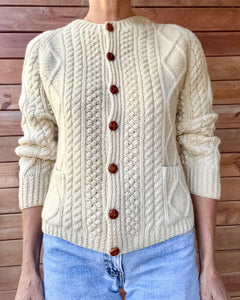 Vintage KENNEDY of Ardara Handknit Cream Fisherman Cable Cardigan Sweater Pure Wool S Made in Ireland