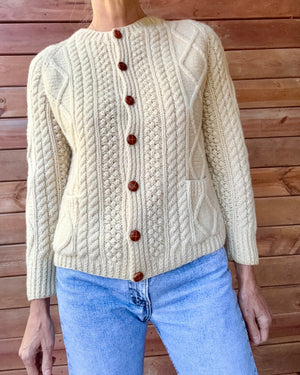 Vintage KENNEDY of Ardara Handknit Cream Fisherman Cable Cardigan Sweater Pure Wool S Made in Ireland