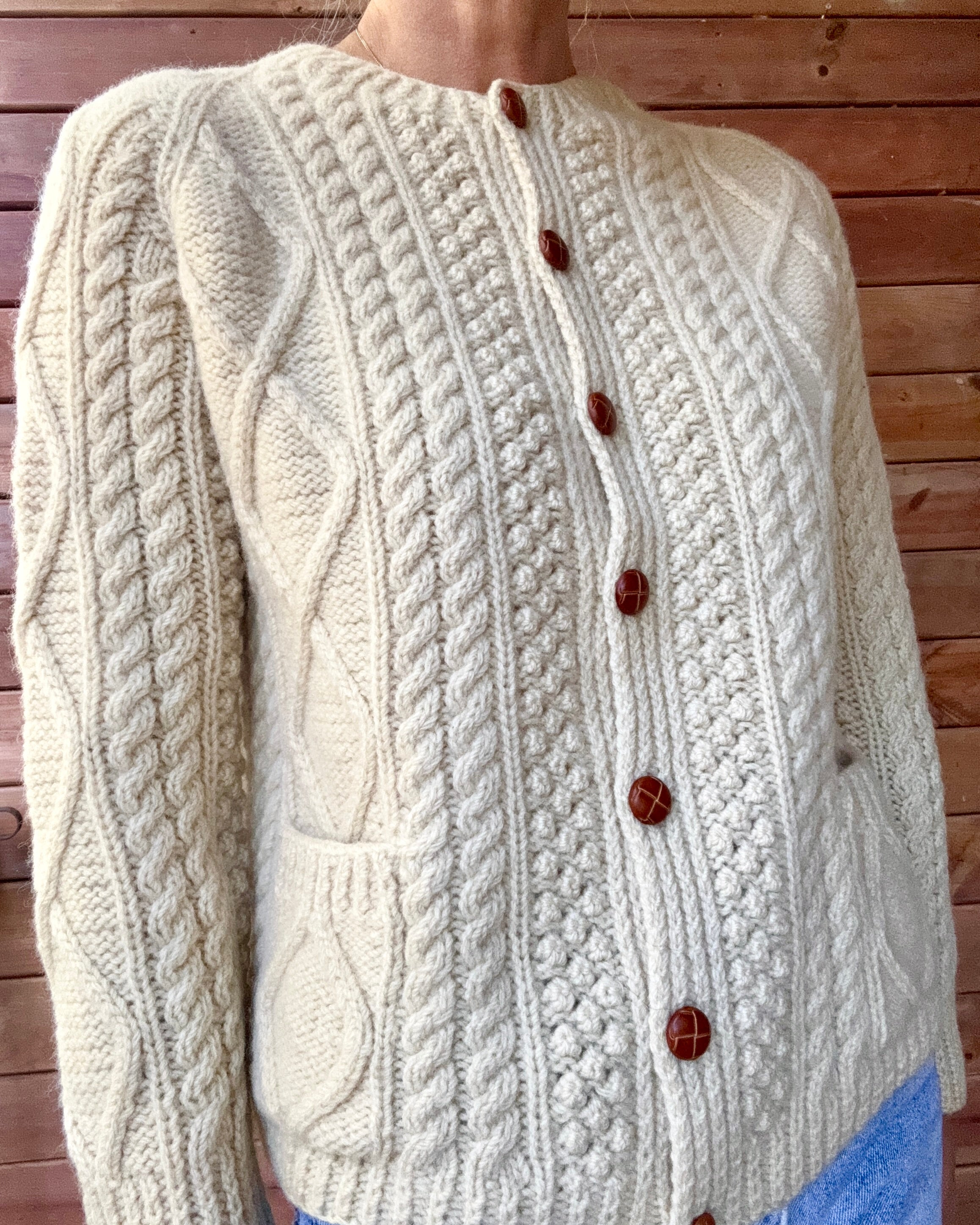 Vintage KENNEDY of Ardara Handknit Cream Fisherman Cable Cardigan Sweater Pure Wool S Made in Ireland