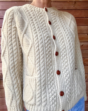 Vintage KENNEDY of Ardara Handknit Cream Fisherman Cable Cardigan Sweater Pure Wool S Made in Ireland