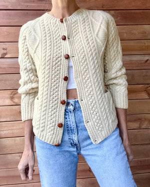 Vintage KENNEDY of Ardara Handknit Cream Fisherman Cable Cardigan Sweater Pure Wool S Made in Ireland