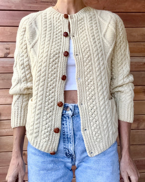 Vintage KENNEDY of Ardara Handknit Cream Fisherman Cable Cardigan Sweater Pure Wool S Made in Ireland