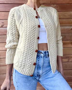 Vintage KENNEDY of Ardara Handknit Cream Fisherman Cable Cardigan Sweater Pure Wool S Made in Ireland