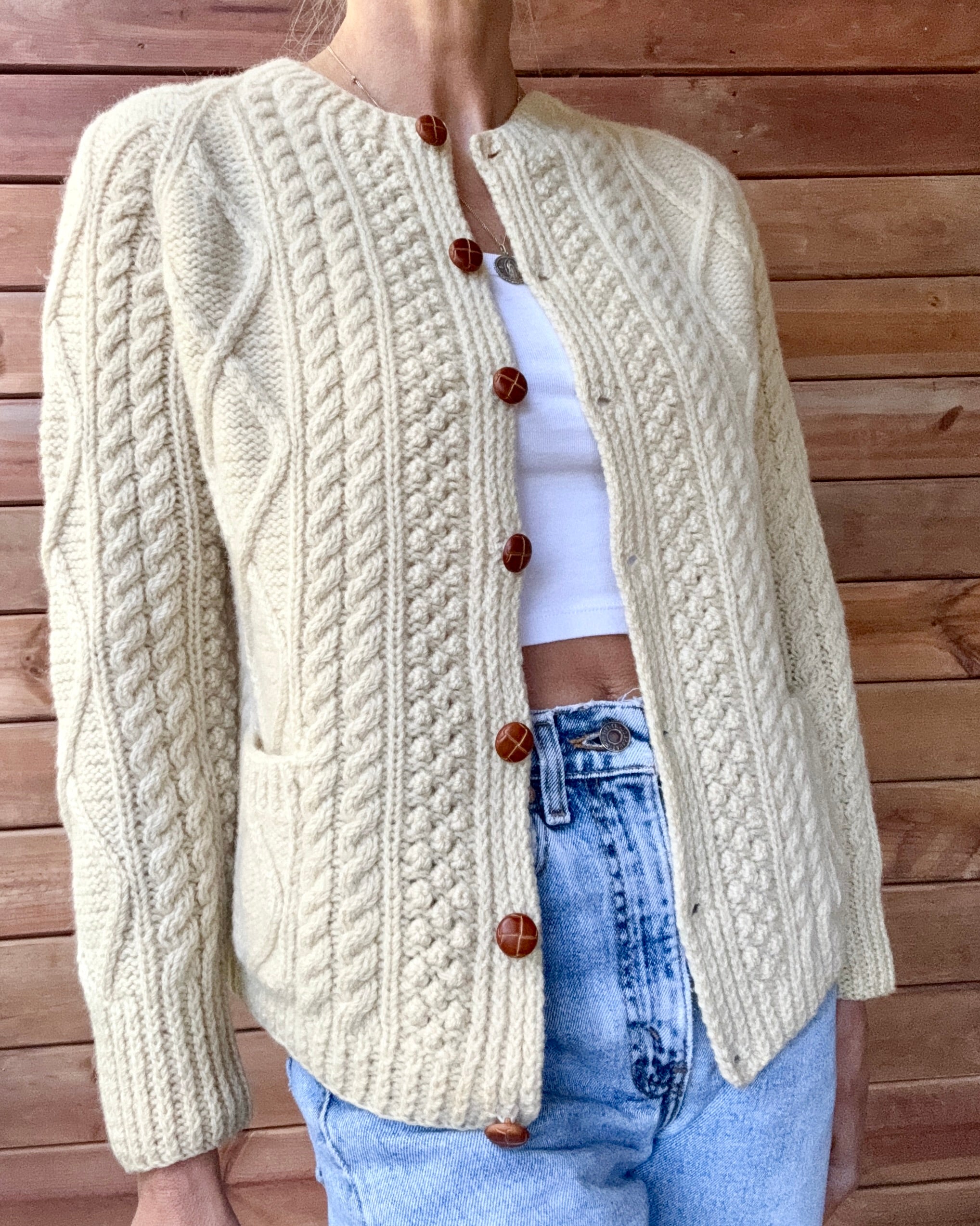 Vintage KENNEDY of Ardara Handknit Cream Fisherman Cable Cardigan Sweater Pure Wool S Made in Ireland