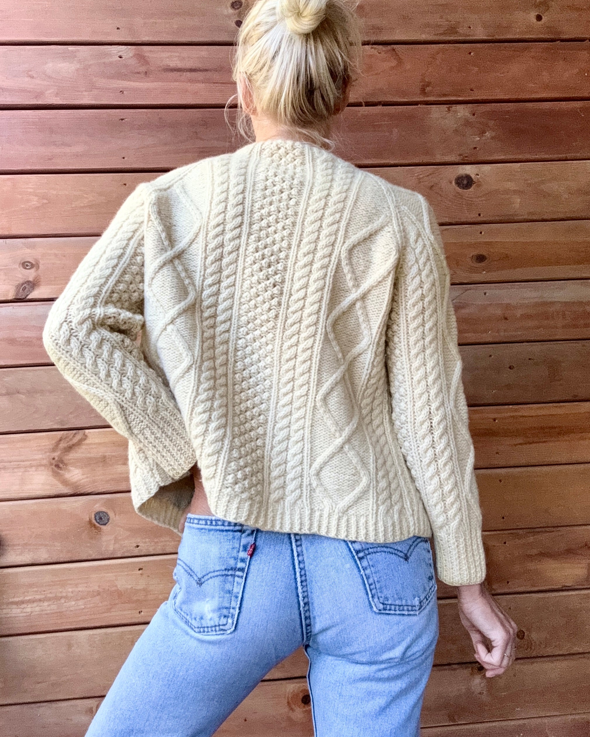 Vintage KENNEDY of Ardara Handknit Cream Fisherman Cable Cardigan Sweater Pure Wool S Made in Ireland