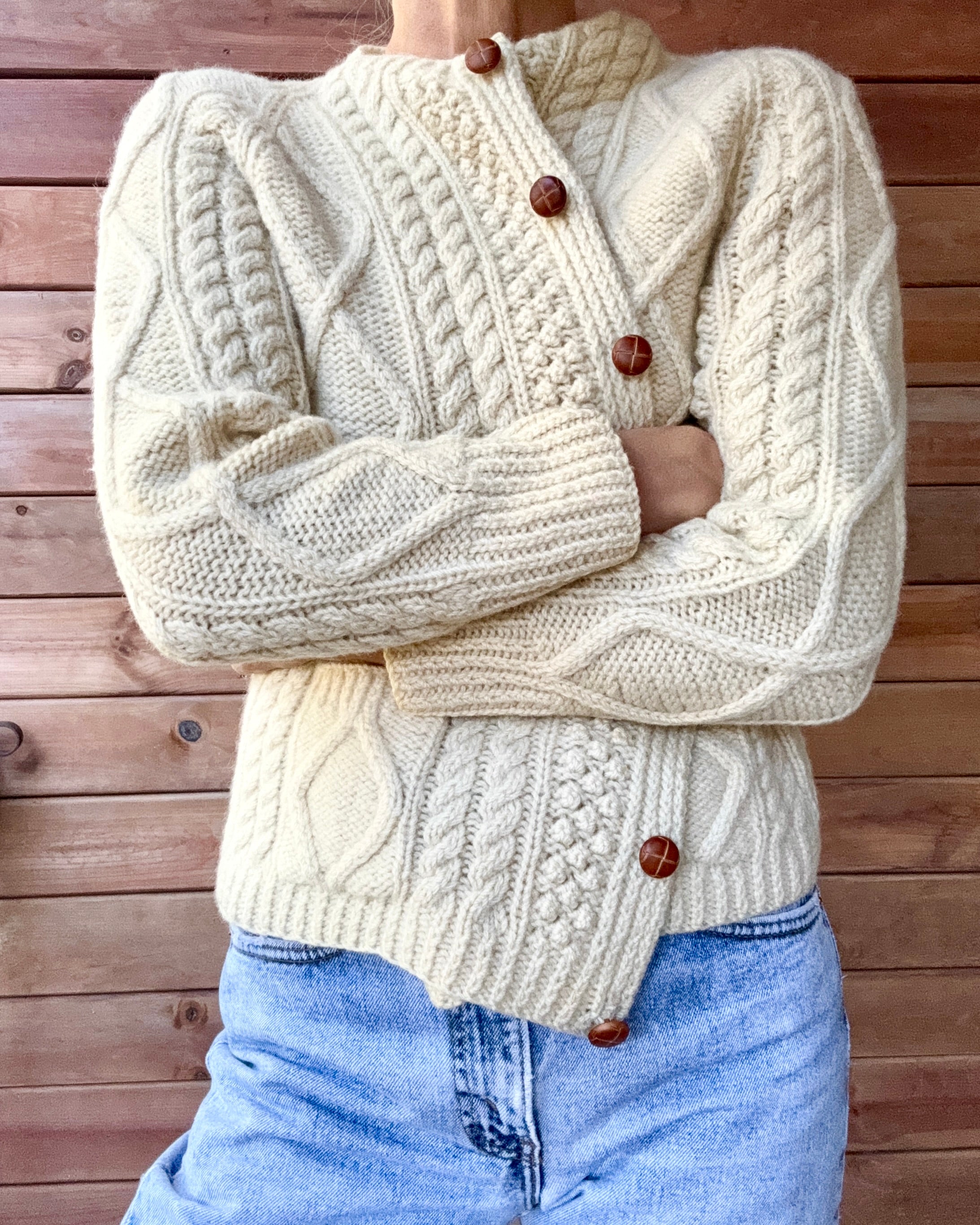 Vintage KENNEDY of Ardara Handknit Cream Fisherman Cable Cardigan Sweater Pure Wool S Made in Ireland