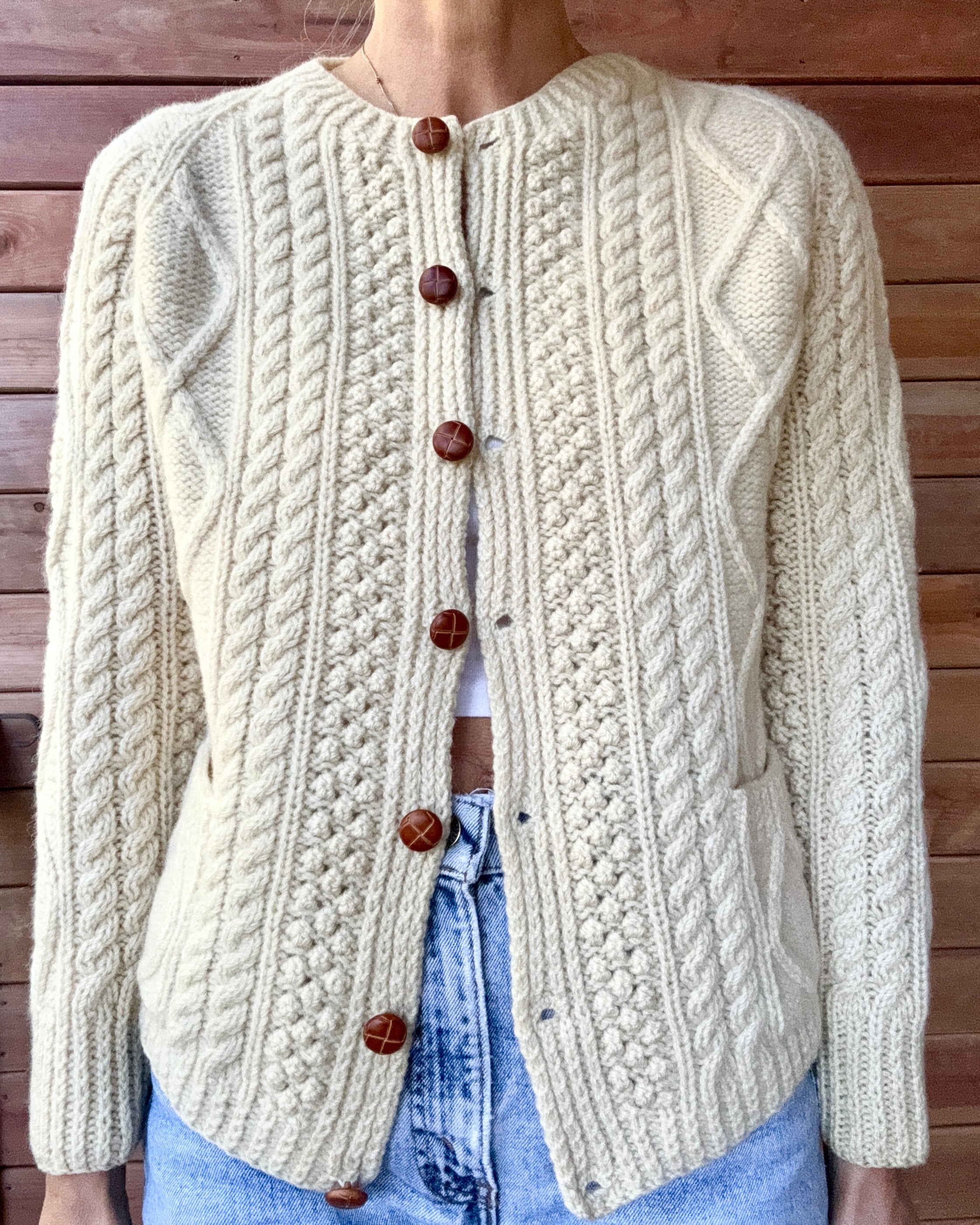 Vintage KENNEDY of Ardara Handknit Cream Fisherman Cable Cardigan Sweater Pure Wool S Made in Ireland