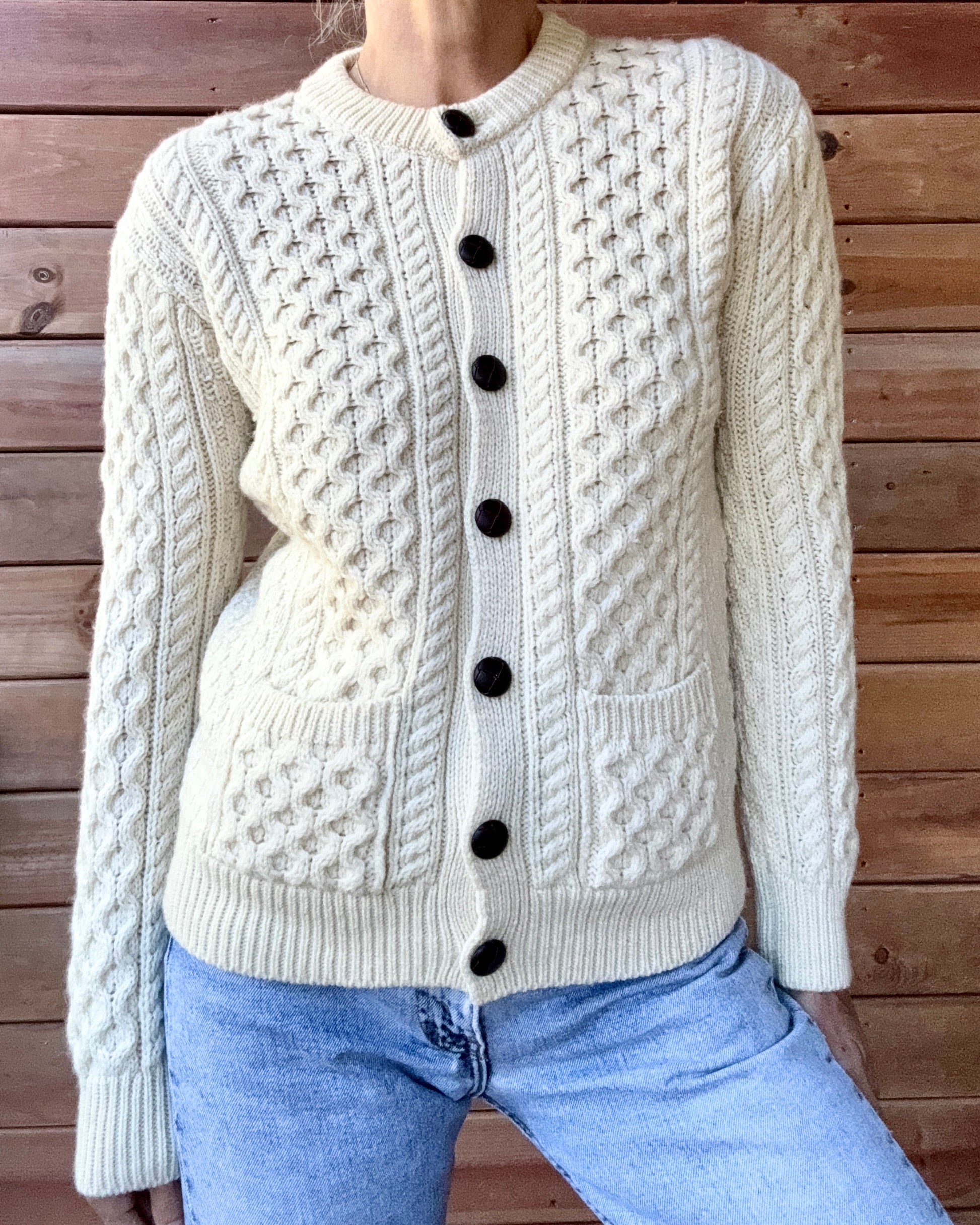 Vintage INIS CRAFTS Handknit Cream Fisherman Honeycomb Cable Cardigan Sweater Pure Wool S M Made in Ireland