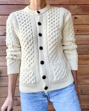 Vintage INIS CRAFTS Handknit Cream Fisherman Honeycomb Cable Cardigan Sweater Pure Wool S M Made in Ireland