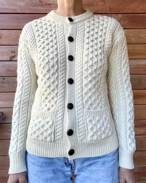 Vintage INIS CRAFTS Handknit Cream Fisherman Honeycomb Cable Cardigan Sweater Pure Wool S M Made in Ireland