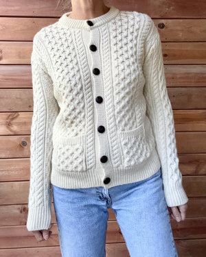 Vintage INIS CRAFTS Handknit Cream Fisherman Honeycomb Cable Cardigan Sweater Pure Wool S M Made in Ireland