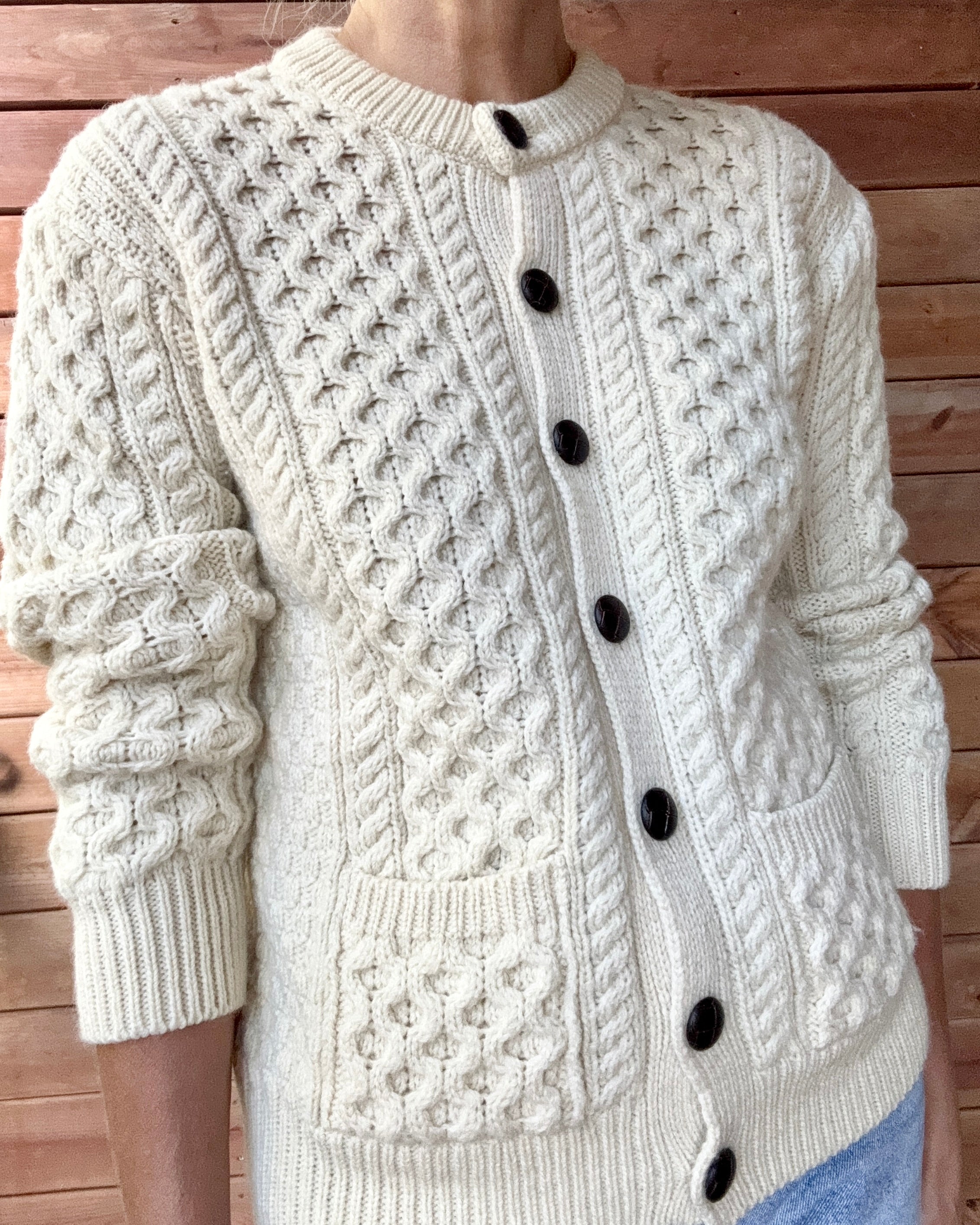 Vintage INIS CRAFTS Handknit Cream Fisherman Honeycomb Cable Cardigan Sweater Pure Wool S M Made in Ireland