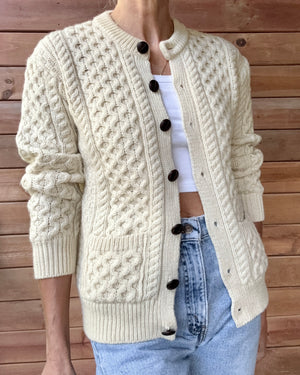 Vintage INIS CRAFTS Handknit Cream Fisherman Honeycomb Cable Cardigan Sweater Pure Wool S M Made in Ireland