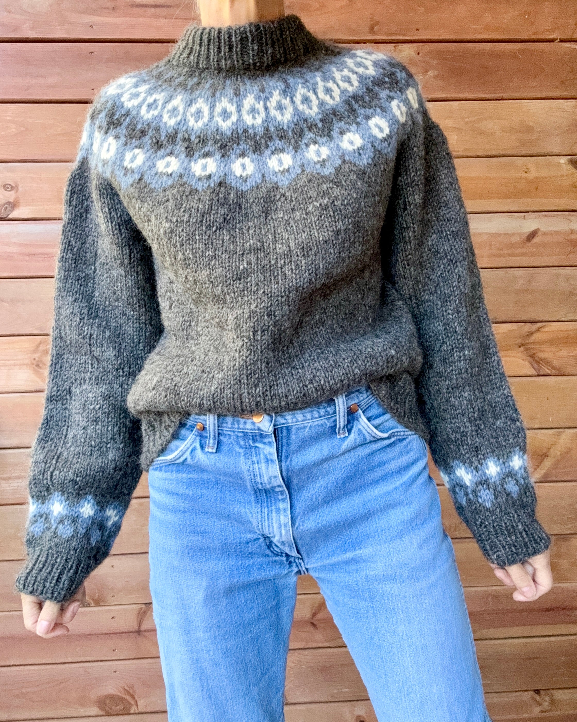 Vintage Icelandic Fair Isle Handknit Gray Sweater M L