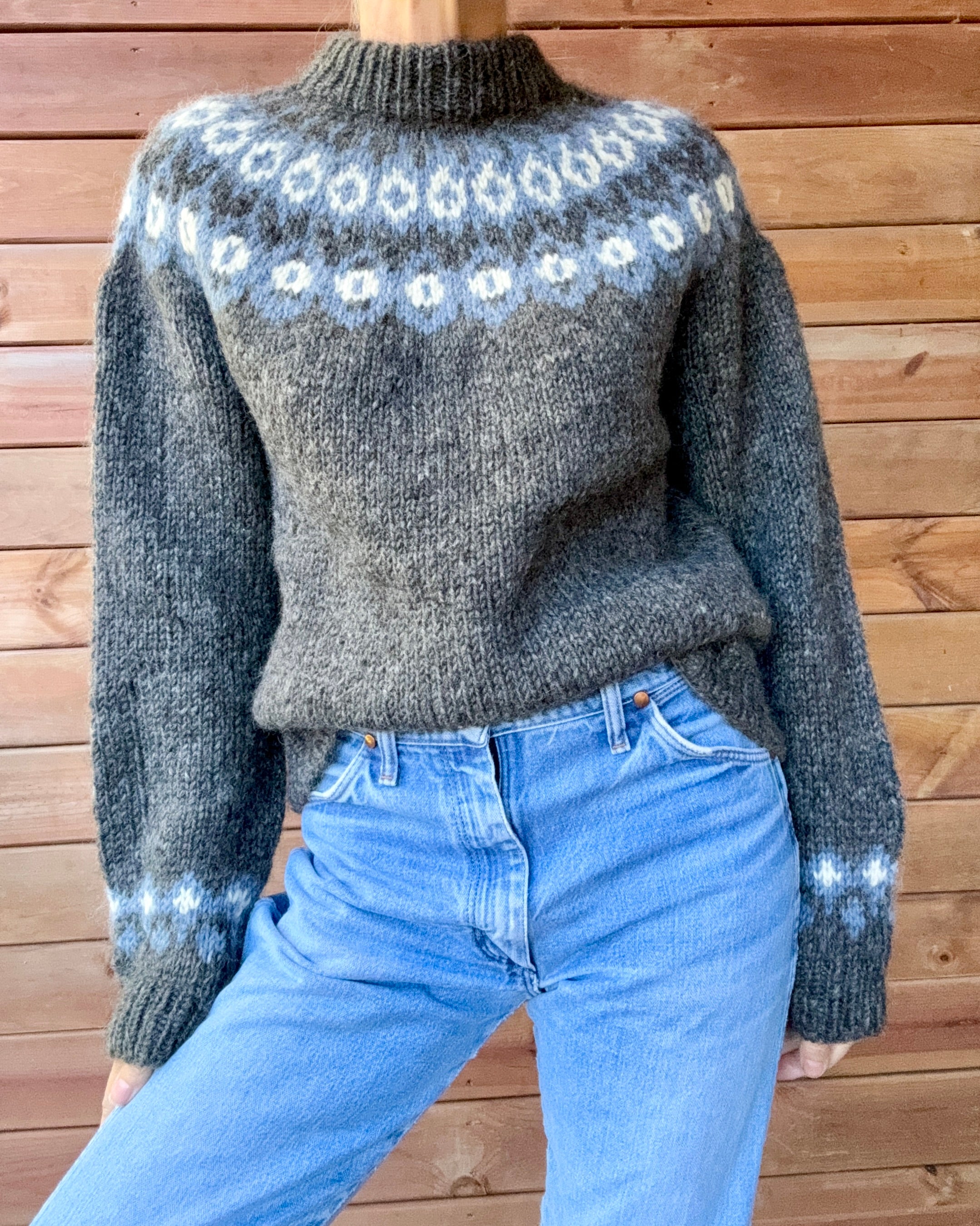 Vintage Icelandic Fair Isle Handknit Gray Sweater M L