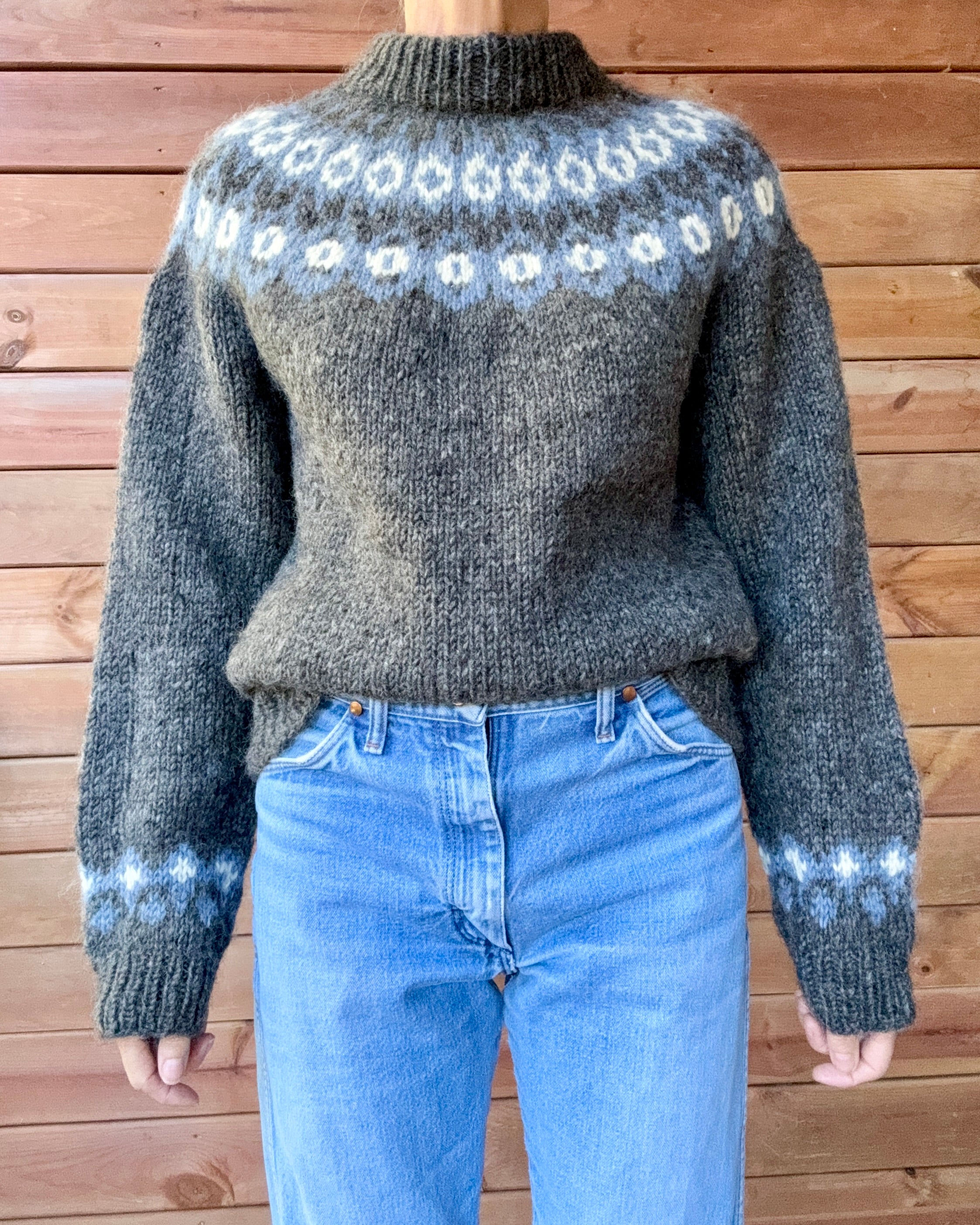 Vintage Icelandic Fair Isle Handknit Gray Sweater M L