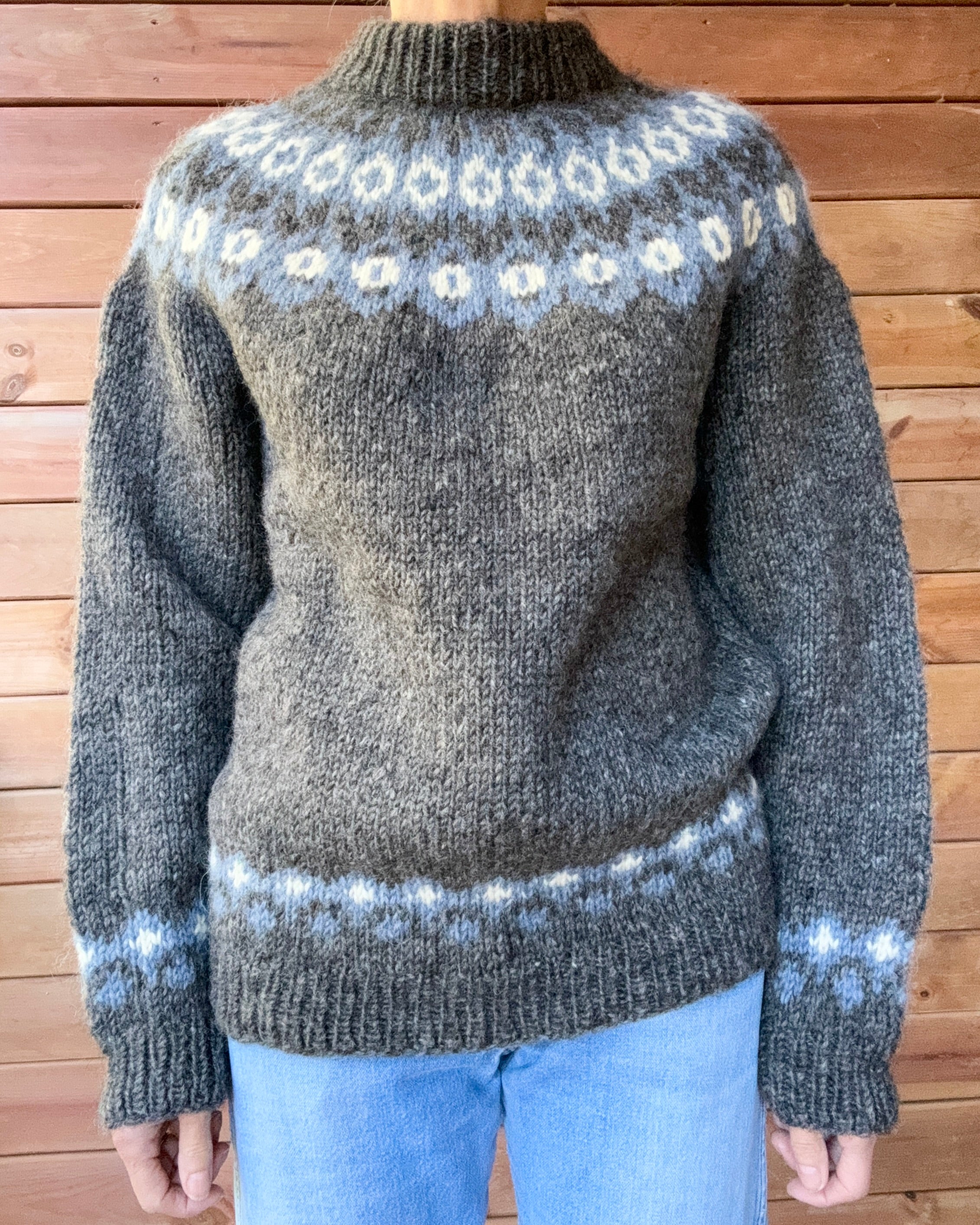 Vintage Icelandic Fair Isle Handknit Gray Sweater M L