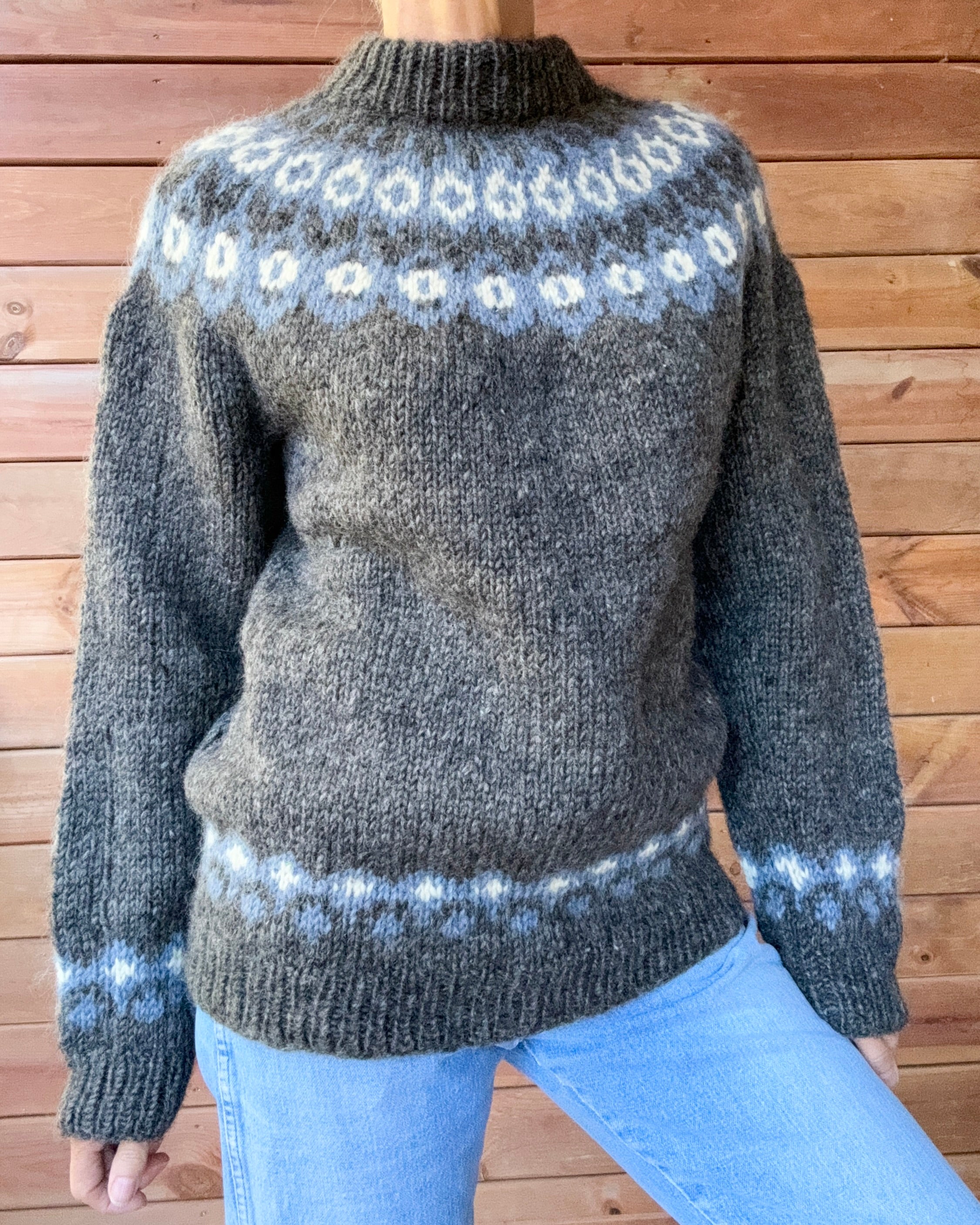 Vintage Icelandic Fair Isle Handknit Gray Sweater M L