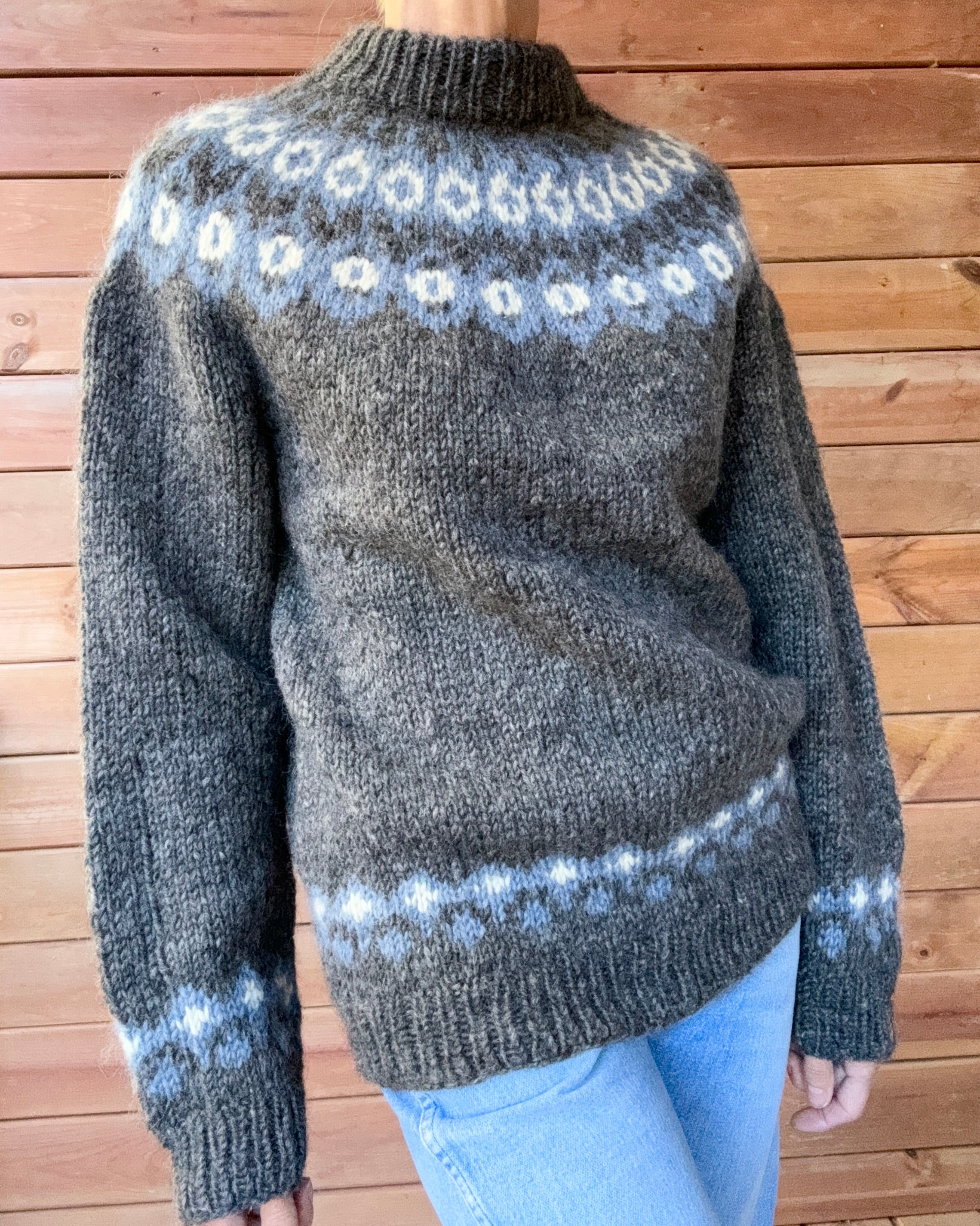 Vintage Icelandic Fair Isle Handknit Gray Sweater M L