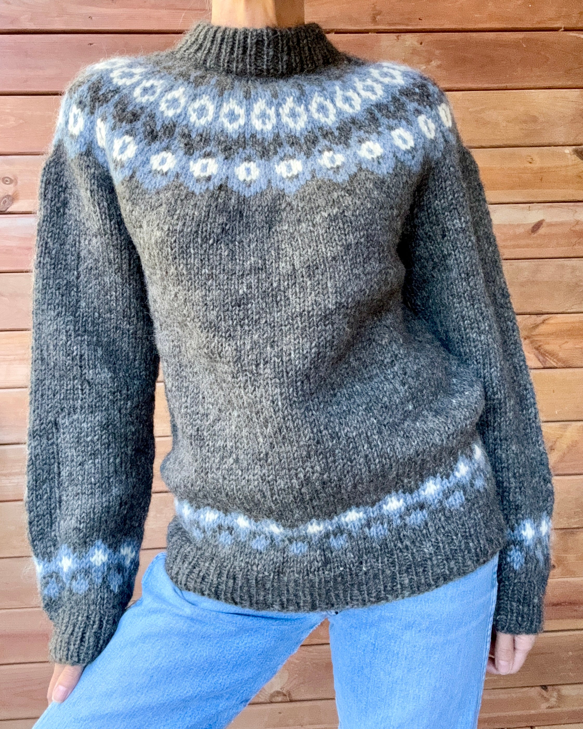 Vintage Icelandic Fair Isle Handknit Gray Sweater M L